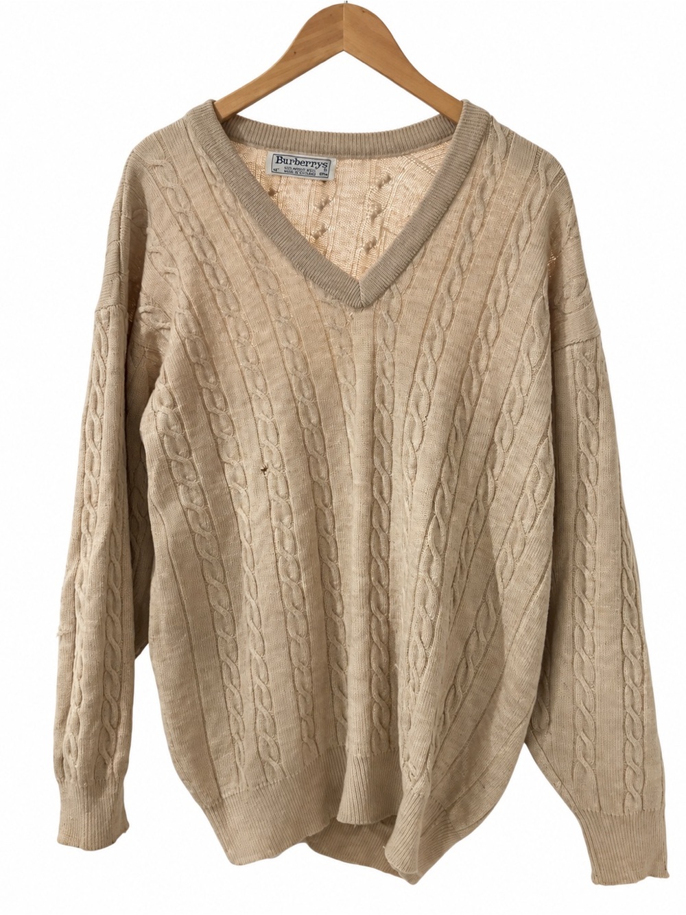 Vintage Burberrys 100% Lambswool Cable Knit V-Neck Sweater Size 42